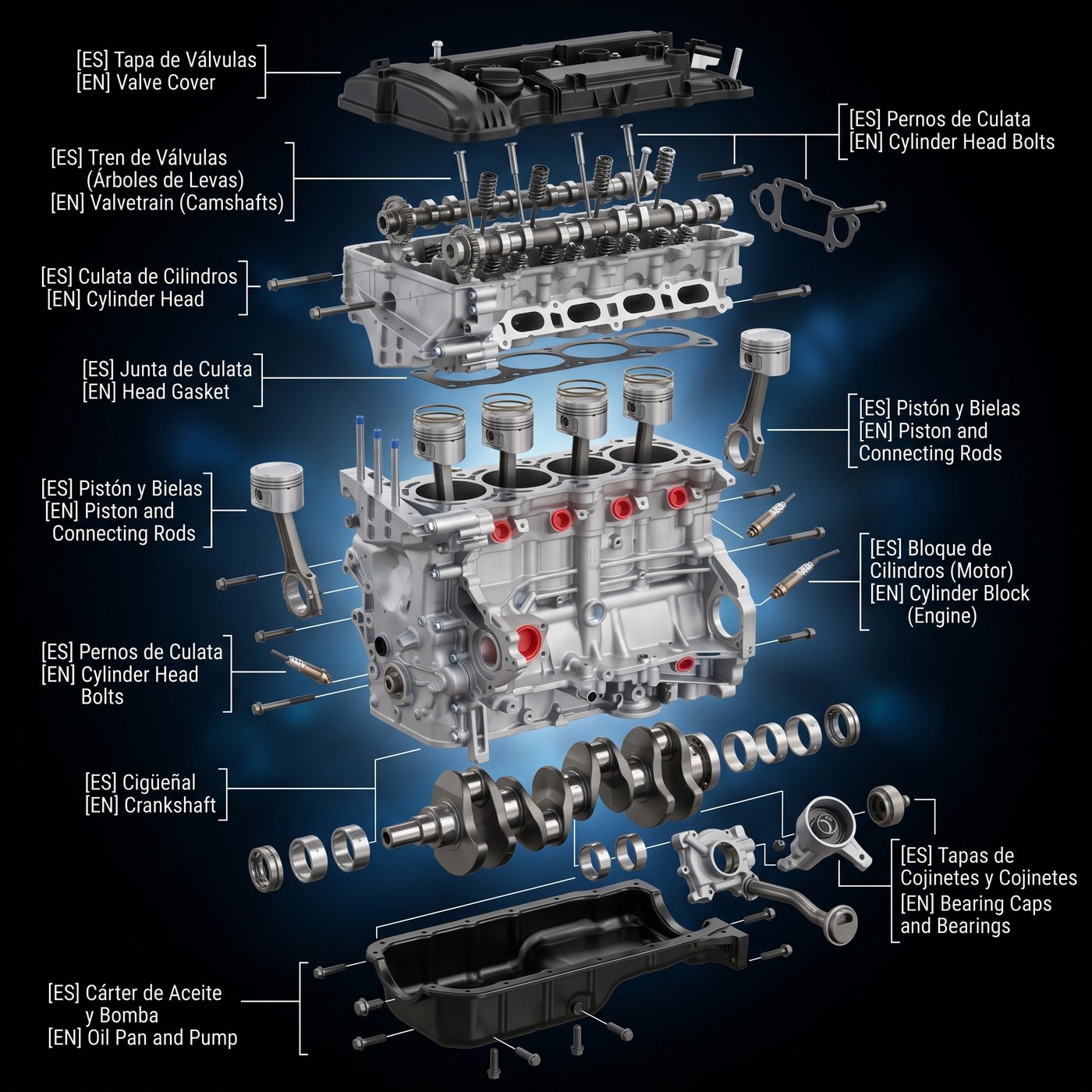 Despiece de un motor de cuatro cilindros con cada pieza señalada en español e inglés: tapa de válvulas, árboles de levas, culata, junta, pistones, bielas, bloque, cigüeñal, cojinetes y cárter de aceite