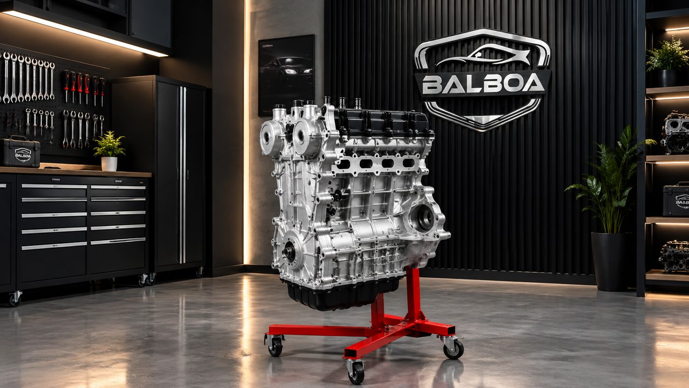 Motor de cuatro cilindros montado en soporte dentro del taller Balboa Company