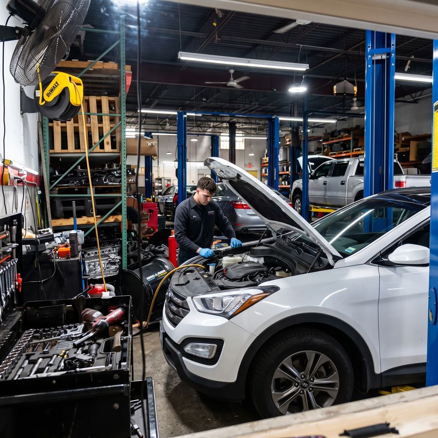 Técnico de Balboa trabajando en el motor de una Hyundai Santa Fe