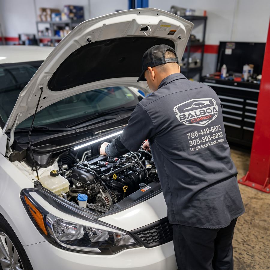 Técnico de Balboa revisando el motor de un Kia con el cofre abierto